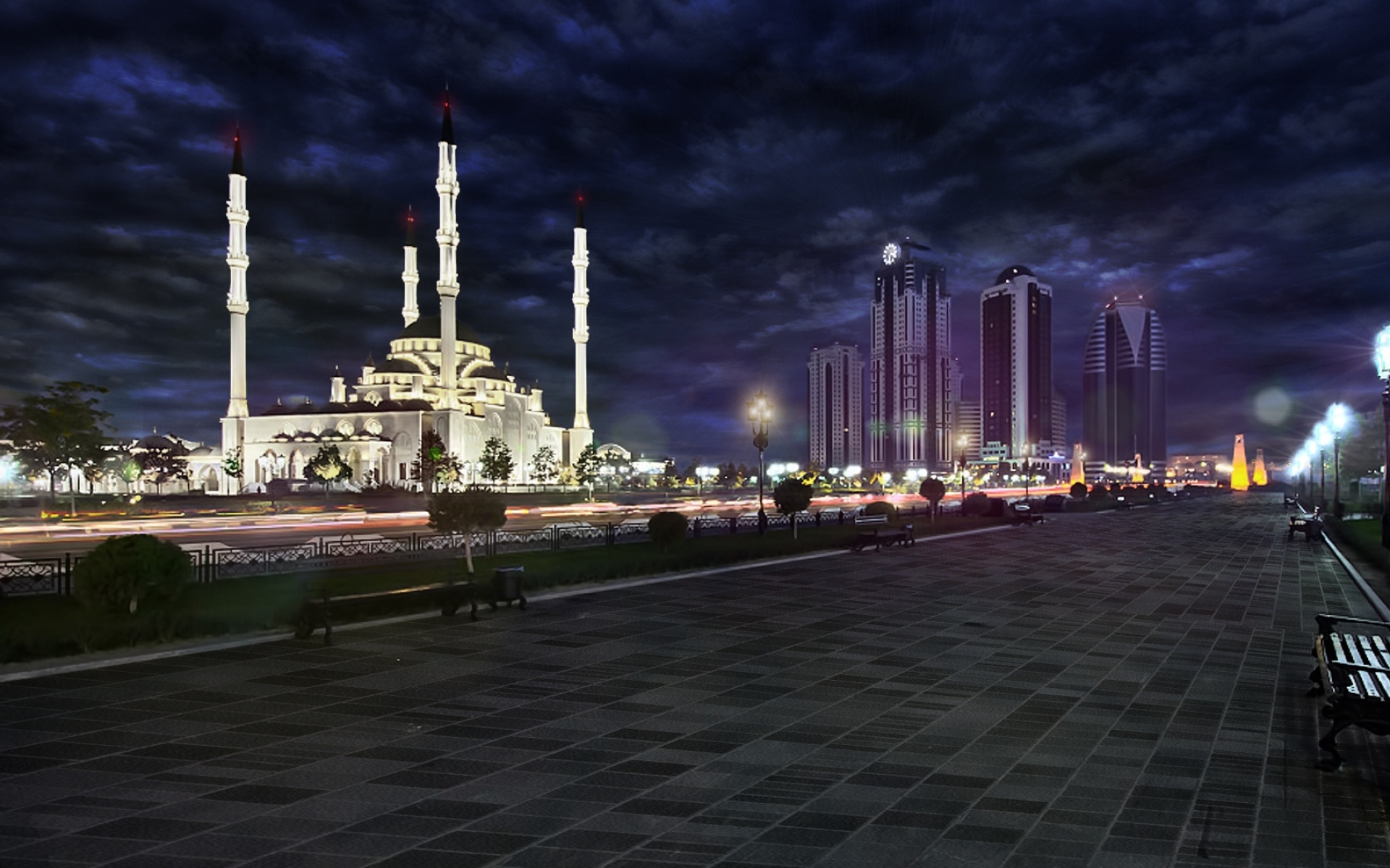 Картинки Грозненская, чечня, мечеть, парк, скамейка, ночной фото и обои на рабочий стол