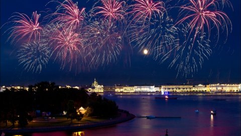 Санкт - Петербург, ночь, красные паруса, фейерверк, парусник