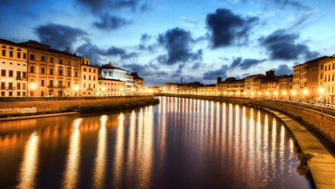 Pisa, Италия, ночь, река,отражение
