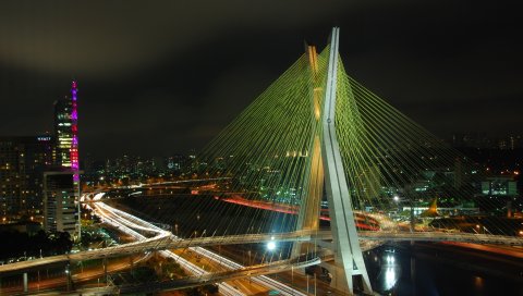 огни, дорога, город, мост, река, бразилия