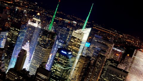 город Нью - Йорк, США, небоскреб, ночь, свет, окна
