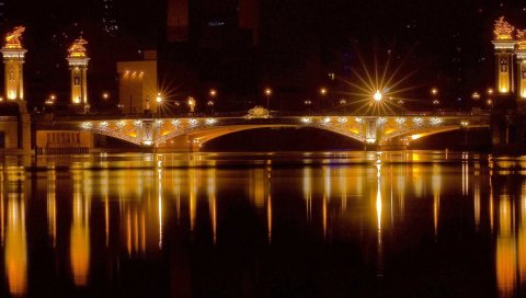 ночь, огни, мост, отражение, вид