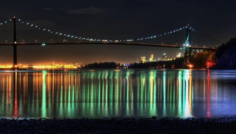 ночь, море, мост, огни, пляж, ванкувер