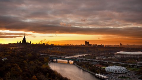 москва, город, пейзаж, спорт кремль, мост, рек