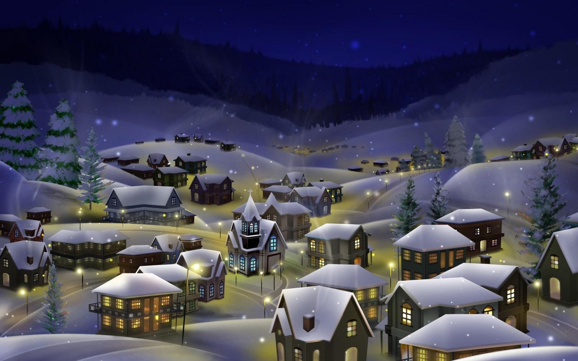Картинки Ночь, город, снег, рождество, праздник фото и обои на рабочий стол