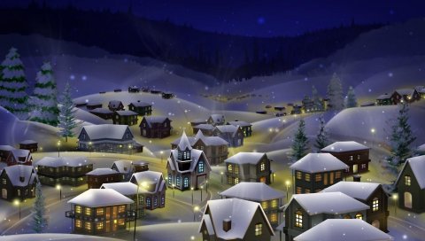 Ночь, город, снег, рождество, праздник