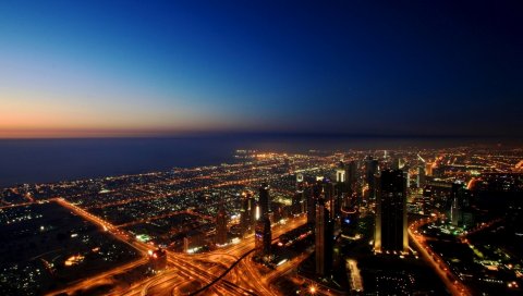 Dubai, uae, город, дороги, огни, море