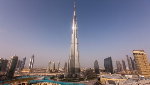 Dubai, небоскребы, башни, дома, burj khalifa, закат, вода, небо