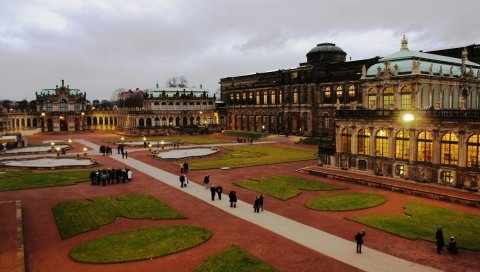 Dresden, старые здания, газоны, германия, вечер, галерея zwinger