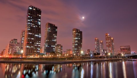 Город, ночь, небо, дом, луна