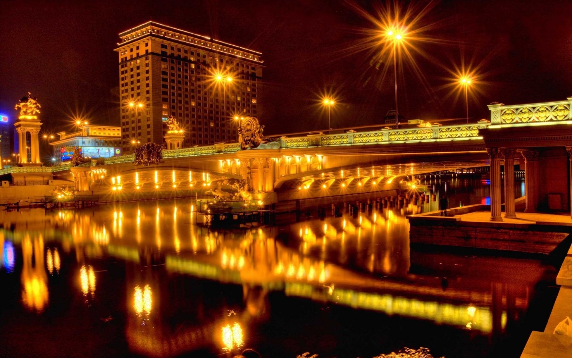 Картинки Город, ночь, мост, река, огни, отражение фото и обои на рабочий стол