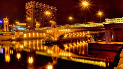 Город, ночь, мост, река, огни, отражение