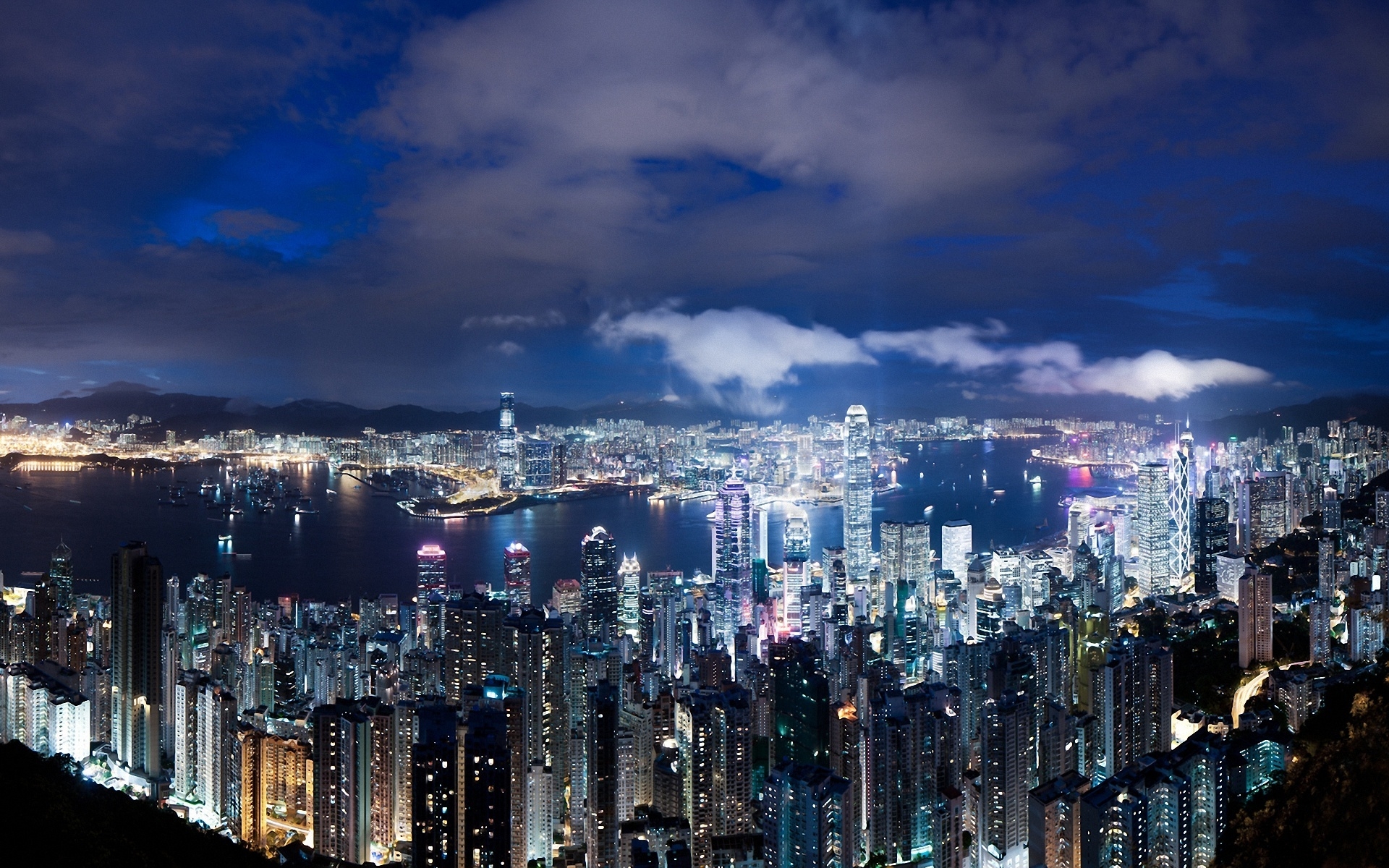 Картинки Hong kong, china, night, metropolis, небоскребы, огни, синий, небо, облака, панорама, вид, высота фото и обои на рабочий стол