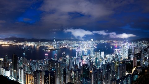 Hong kong, china, night, metropolis, небоскребы, огни, синий, небо, облака, панорама, вид, высота