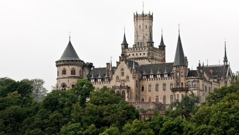 Ганновер, германия, готика, замок мариенбург, башни, деревья