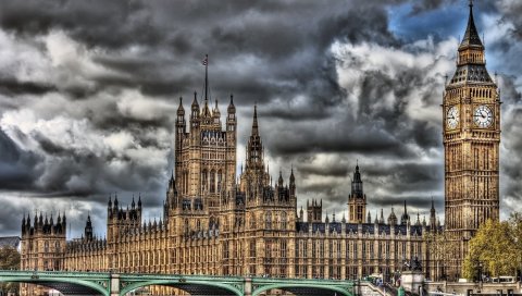 Вестминстерский дворец, парламент, палаты парламента, Лондон, Англия, большой бен, часы, река, Темза, мост, hdr