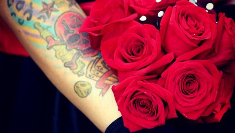Розы, цветы, букет, яркие, рука, тату