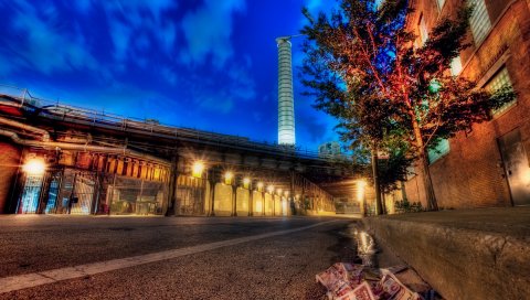 Чикаго, Иллинойс, ночь, улица, мост, hdr