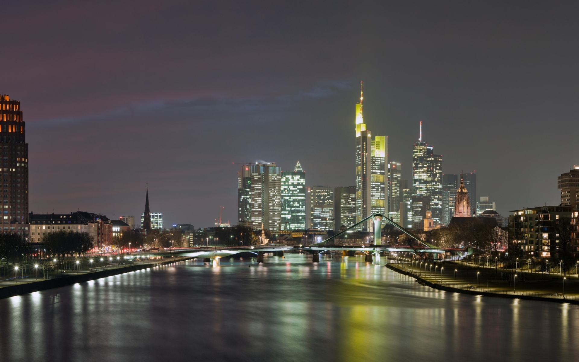 Картинки Frankfurt am main, hessen, germany, мост, здание, вечер фото и обои на рабочий стол