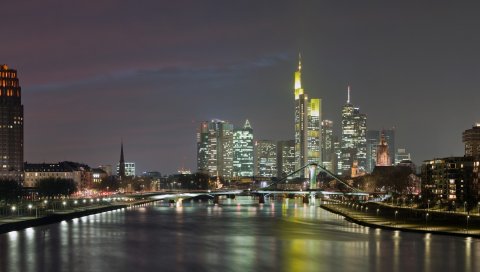Frankfurt am main, hessen, germany, мост, здание, вечер