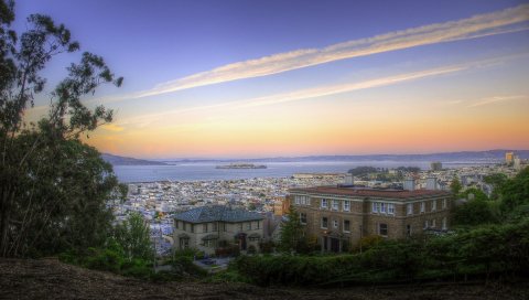 San francisco, california, небо, здания, трасса самолета