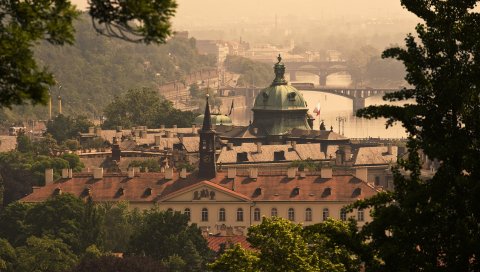 Prague, Чешская республика, мост, река, здания, вид сверху