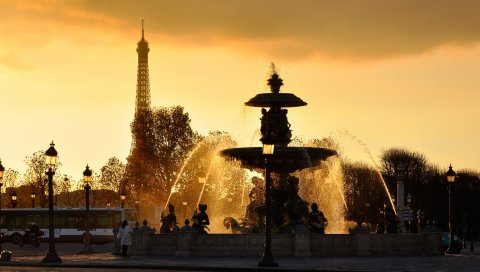Париж, Франция, фонтаны, огни, струи, вода, капли, спреи, Эйфелева башня, небо, закат