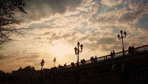 Москва, мост, огни, закат