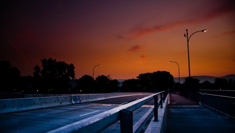 Дорога, огни, ночь, небо