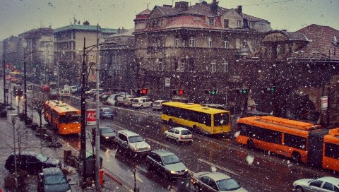 Улица, снег, автомобили, движение, жизнь