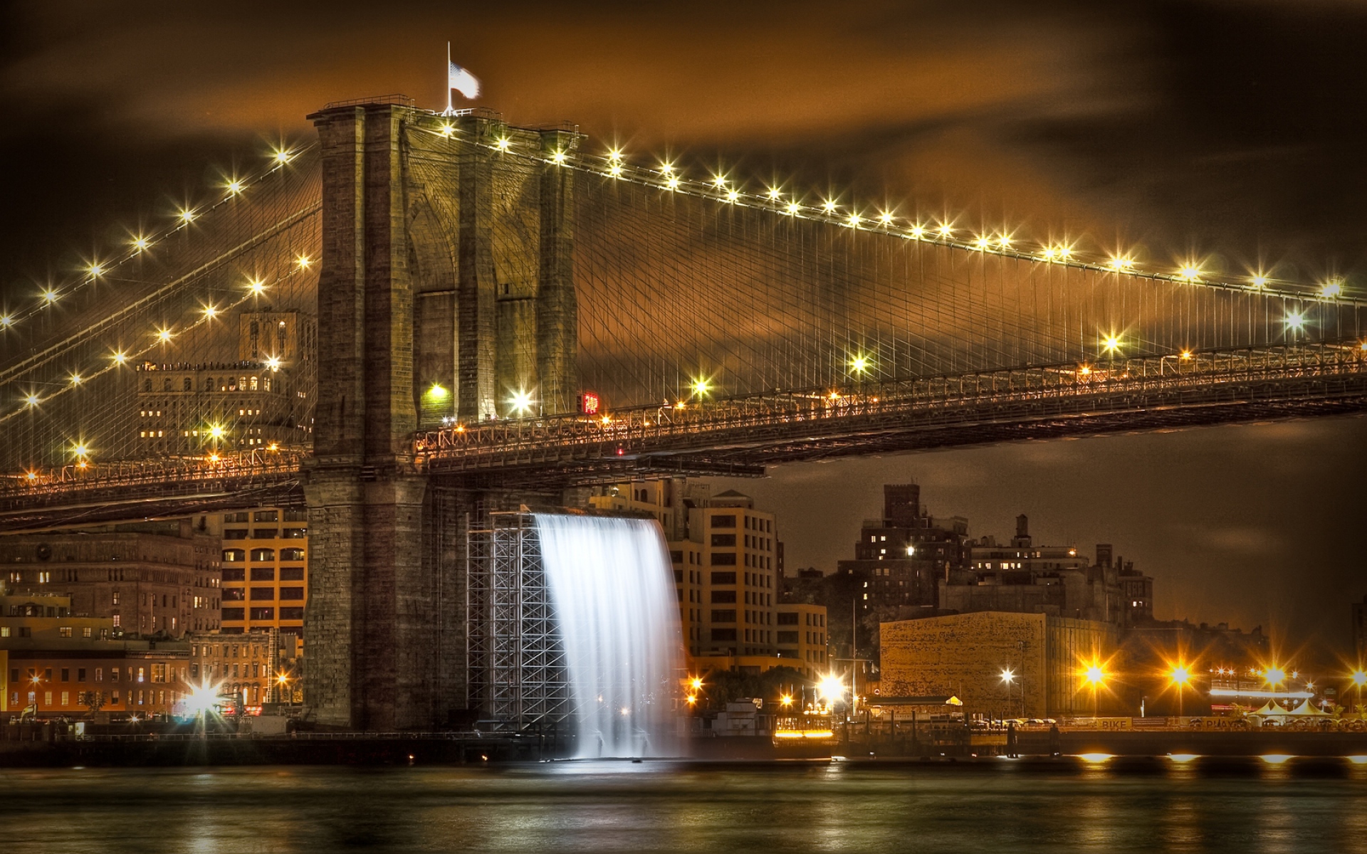 Картинки Нью-Йорк, мост, водопад, ночь, огни фото и обои на рабочий стол