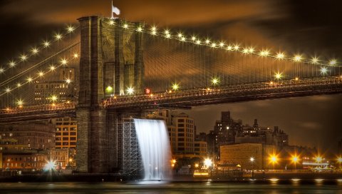 Нью-Йорк, мост, водопад, ночь, огни