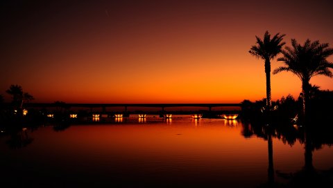 Дубай, ночь, вечер, закат, оранжевый, черный, пальмы, вода, свет, отражение