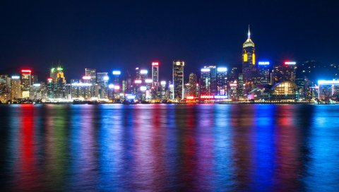 Hong kong, гавань Виктории, море, ночь, огни, мегаполис, небоскребы