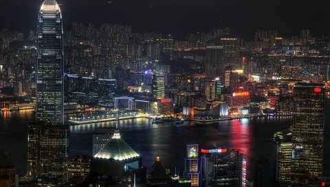 Hong kong, город, небоскребы, неон, фарфор, ночь