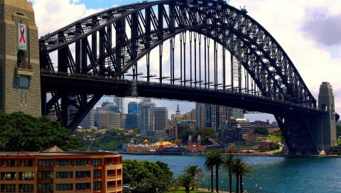 Австралия, мост Сидней, здания, пальмы, море, побережье