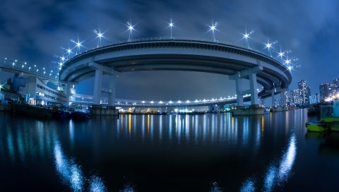 Япония, мост, огни, ночь, вода, красота