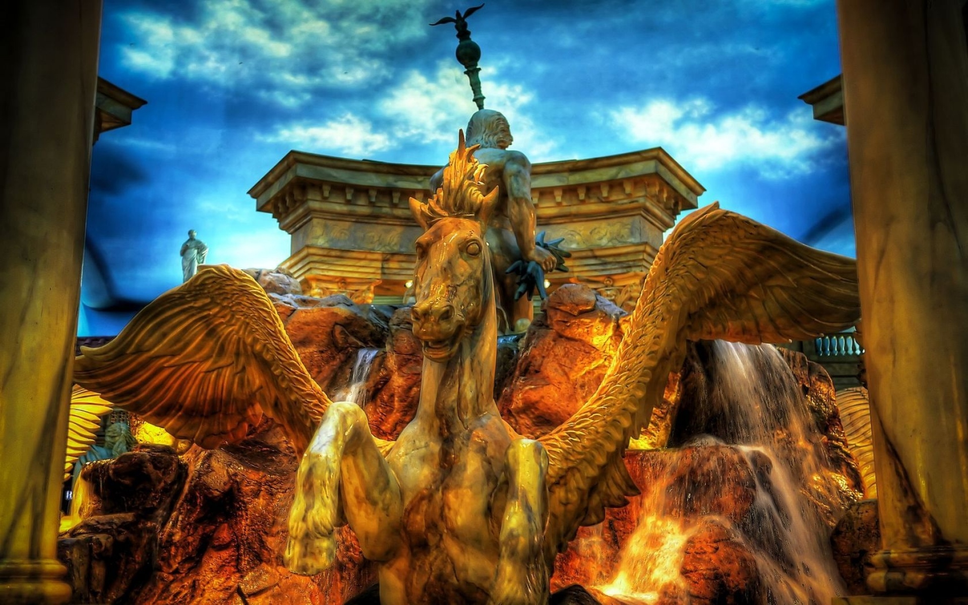 Картинки Фонтан, пегас, город, hdr фото и обои на рабочий стол
