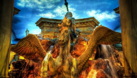 Фонтан, пегас, город, hdr