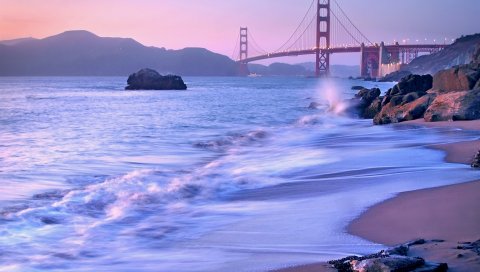 США, Калифорния, Сан-Франциско, мост, золотые ворота, проливы, пляж, камни, лаванда,