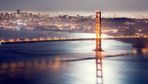 Сан-Франциско, ночь, мост, огни, hdr