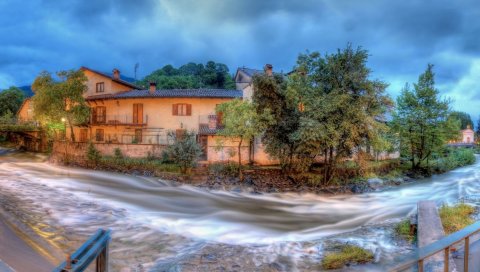 Река, мост, здания, деревья, вид, пейзаж, hdr