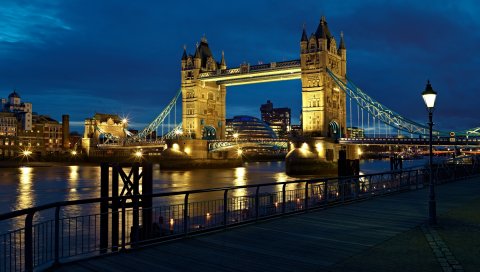 Лондон, Англия, город, ночь, огни, река, thames, uk, мост башни, фонарь