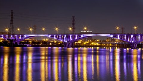 Китай, Тайвань, Тайпей, ночь, мост, огни, река, отражение