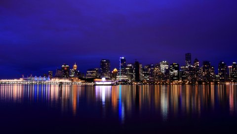 Канада, Британская Колумбия, Ванкувер, ночь, небоскребы, огни, река, отражение