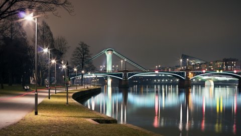 Город, ночь, река, лодка, мост, парк