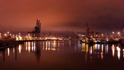 Город, порт, краны, огни, свет, отражение