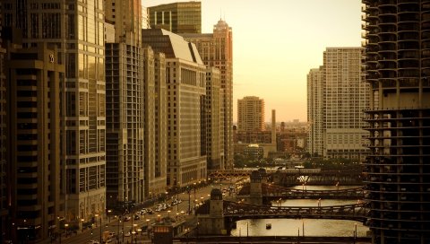 Город, дома, небо, небоскребы, мосты