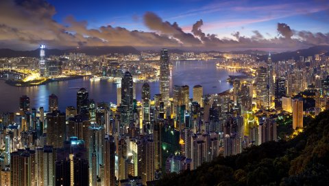 Город, hong kong, ночь, облака, огни