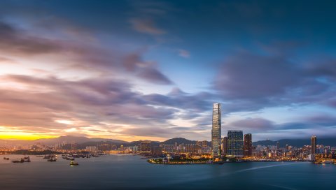 Hong kong, вечер, закат, небо, облака, залив, пожары в здании, порт, мегаполис